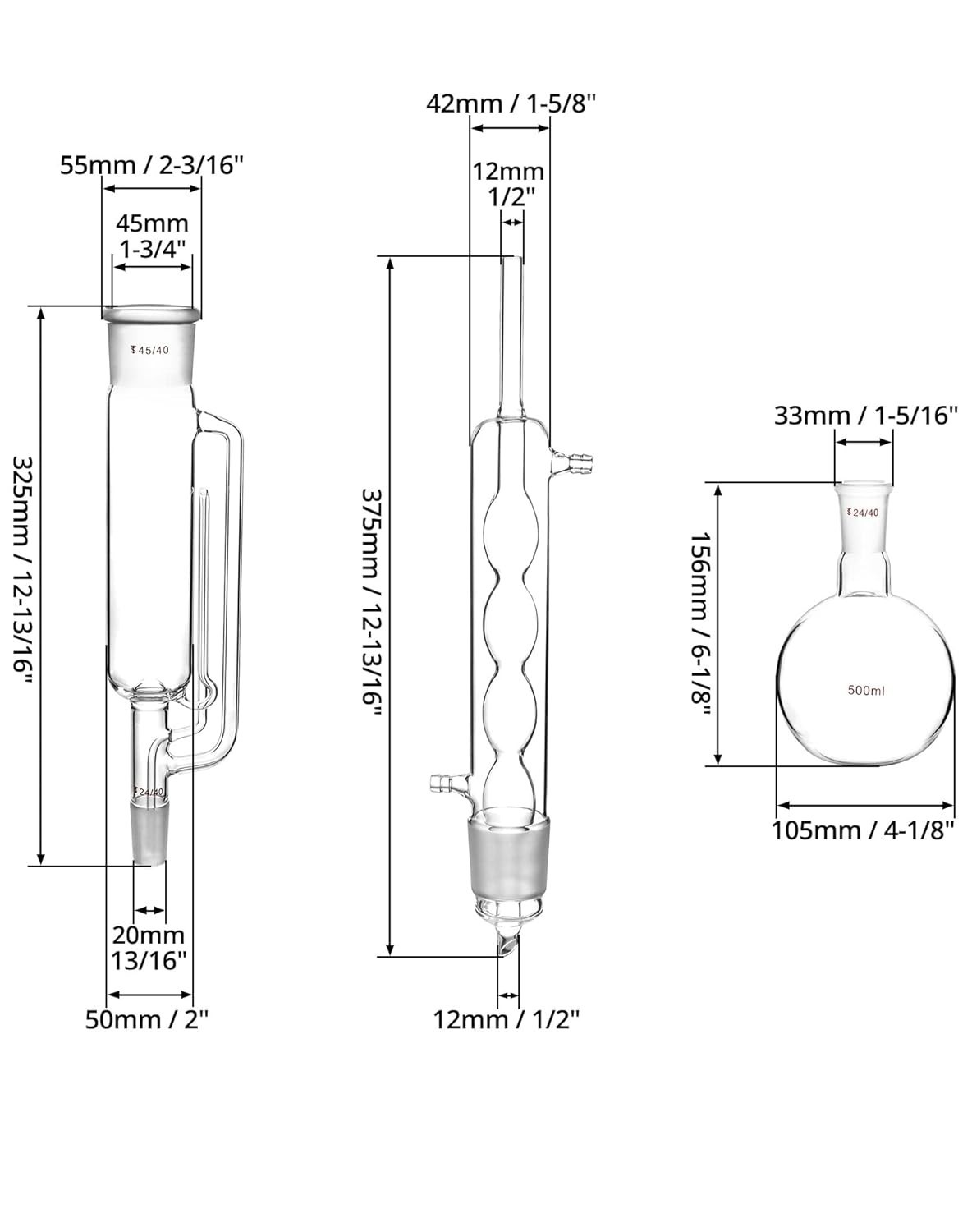Durable Borosilicate Glass Soxhlet Extractor Set – 500ml Capacity & 45/40 Joints