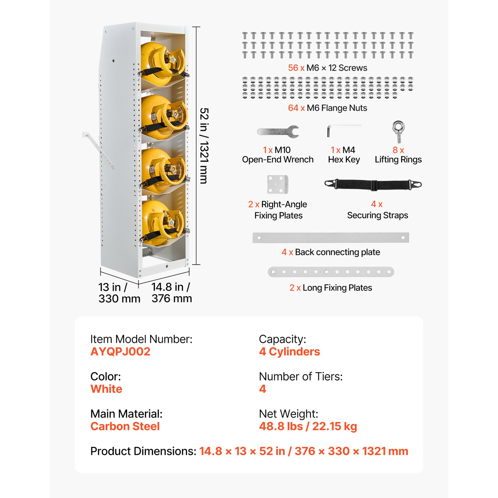Uimoso Refrigerant Cylinder Storage Rack, 4-Tier, 14.8 x 13 x 52 in, White