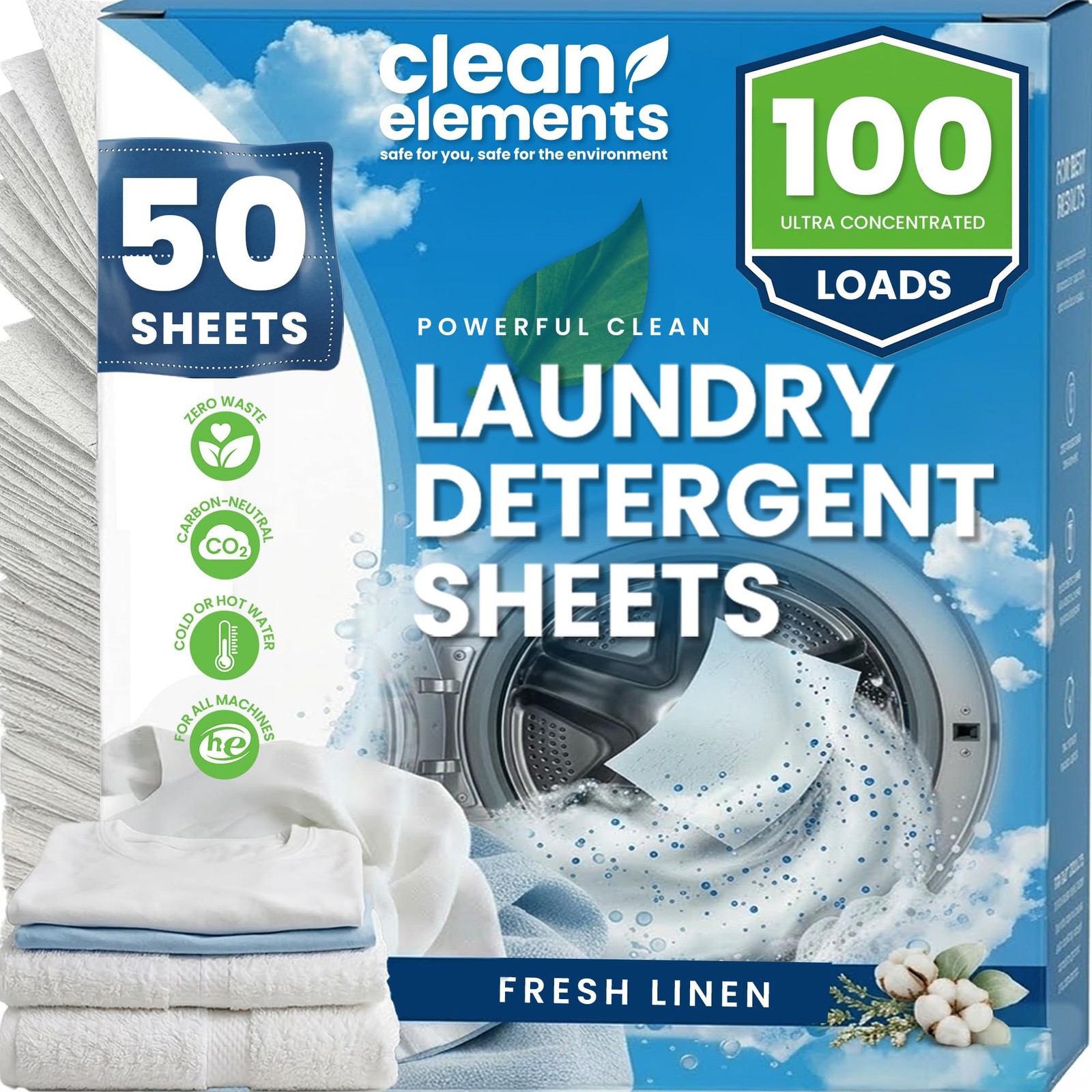 Laundry Detergent Sheets, Fresh Linen, 100 Loads, 50 Count (Pack of 1), White
