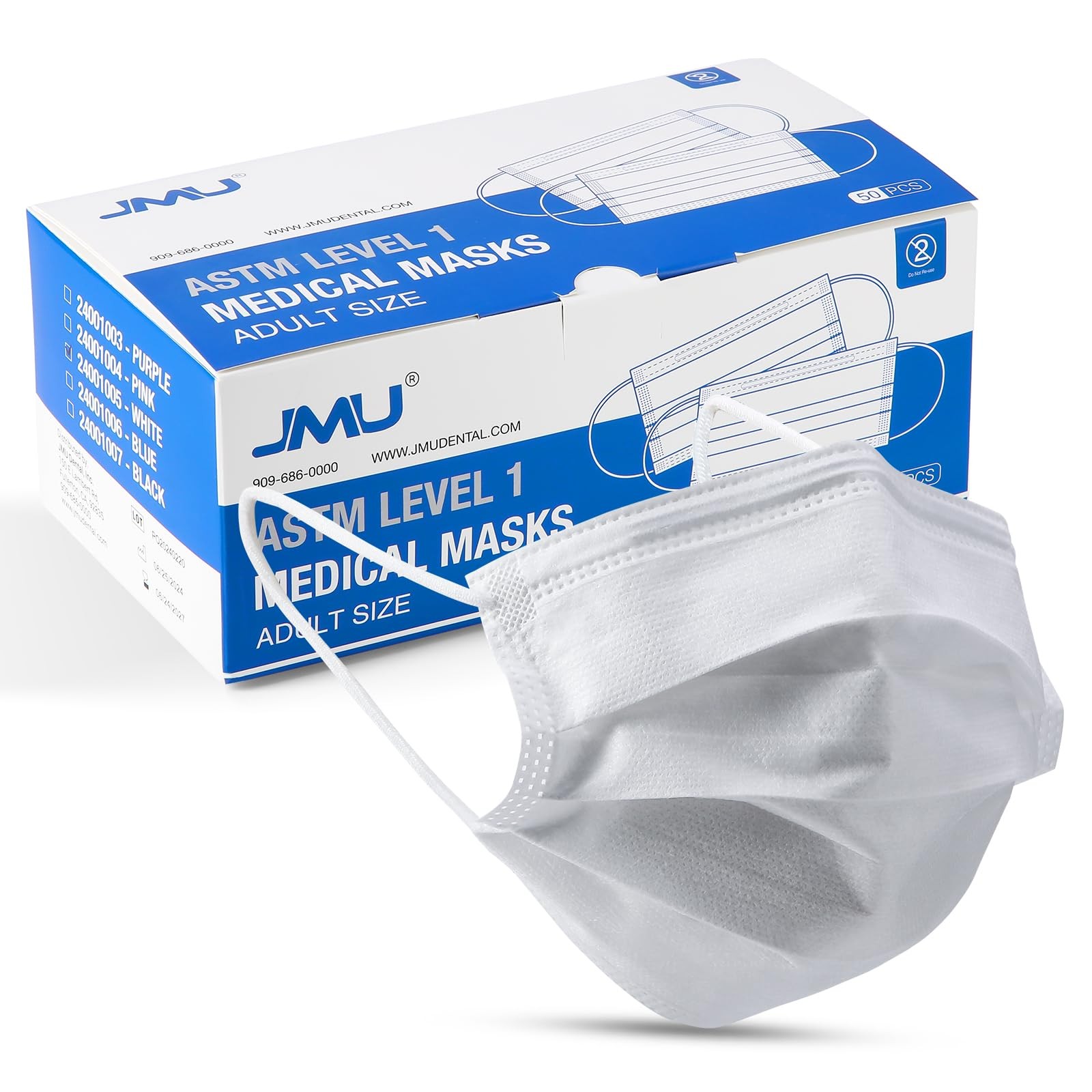 JMU 50pcs 3 Ply White Disposable Face Mask, Medical Grade, Comfortable