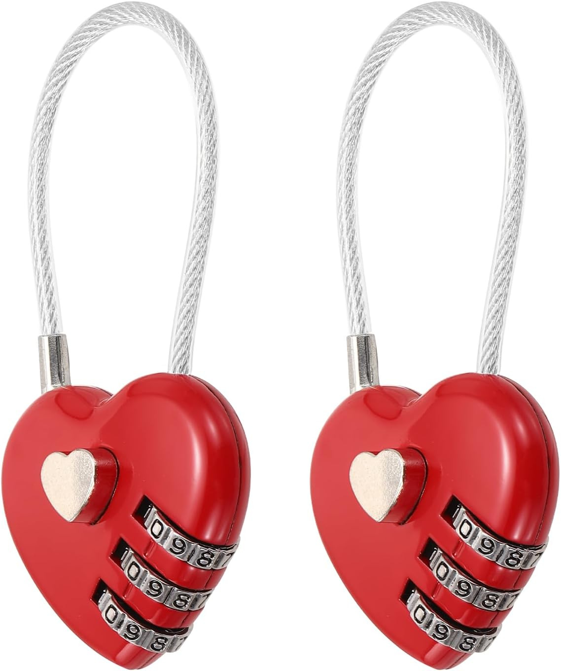 2-Pack Combo Padlock Heart 3-Digit Password, Red | Zinc Alloy Cable
