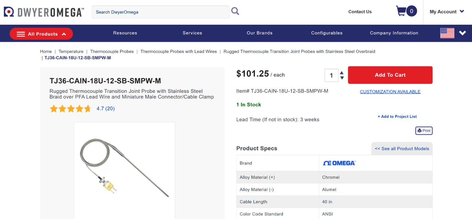 Omega TJ36-CAIN-18U-12-SB-SMPW-M Thermocouple Probe Stainless Braid Type K