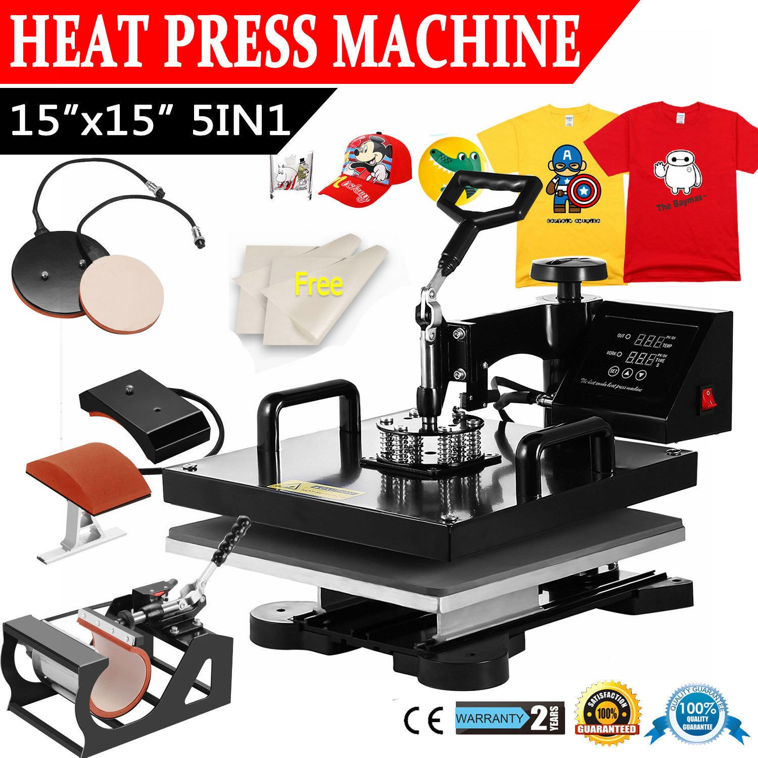 15″x15″ 5 in 1 Heat Press Machine Transfer Sublimation T-Shirt Mug Hat Plate