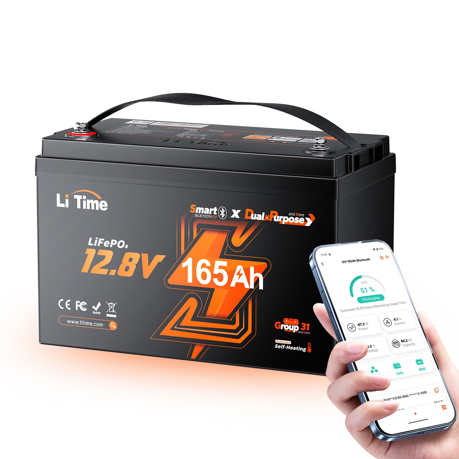 LiTime 12V 140Ah Dual Purpose LiFePO4 Battery CCA 900 1792Wh For Marine RV Solar
