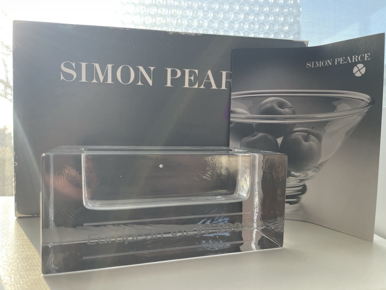 VTG Simon Pearce European View 2002 Etched Glass Business Card Holder Conference