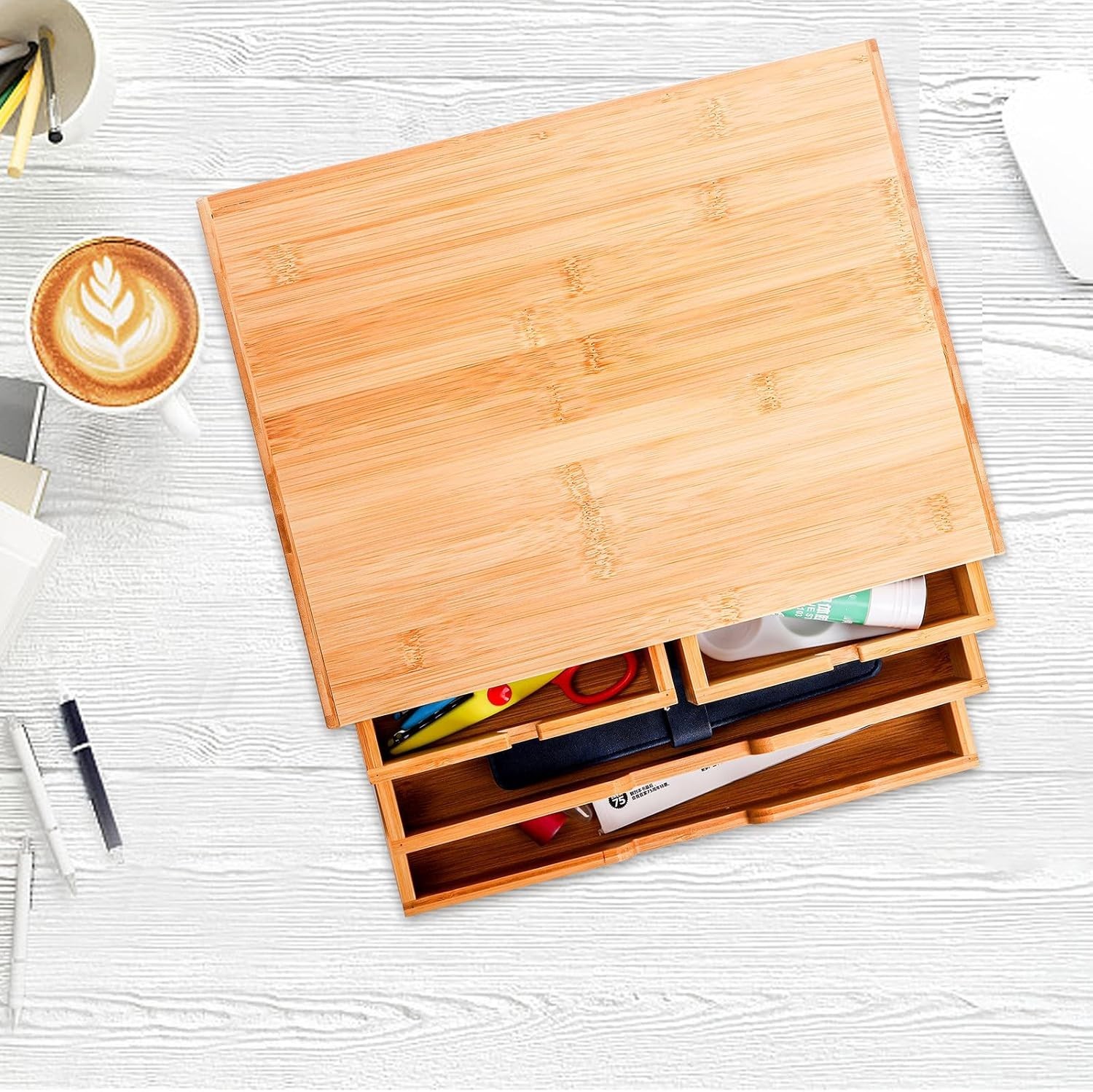 Bamboo Desk Organizer, Natural Bamboo Desktop Storage Box with 4 Drawers