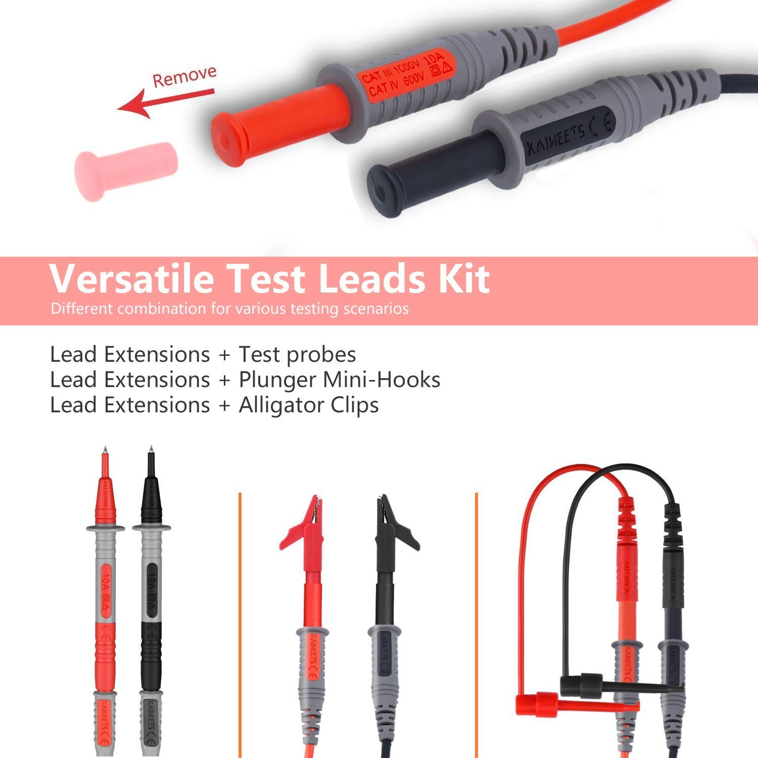 Soft Silicone Electrician Test Leads Kit CAT III 1000V & CAT IV 600V with All…