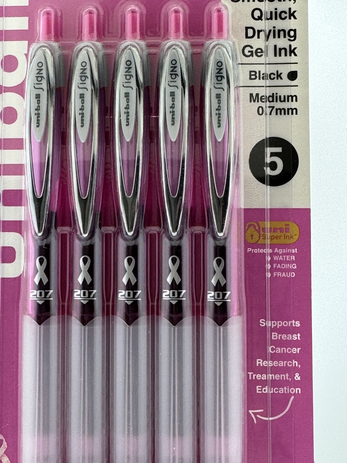 5 uni-ball 207 Signo Gel Pens 0.7 Black Medium PINK Ribbon CANCER CITY OF HOPE