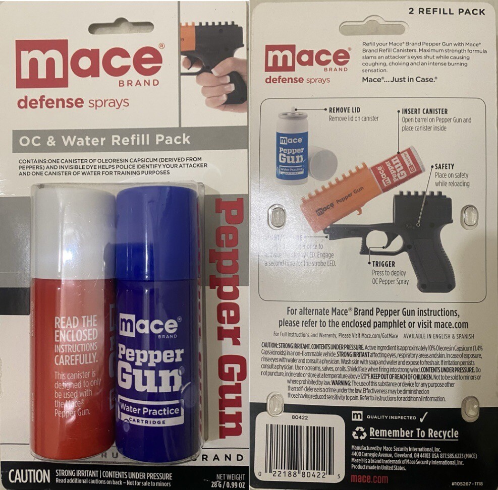 2 Mace POLICE PEPPER GUN Spray REFILL (OC / H2O) Cartridge Dual Pack Kit 4″ DYE