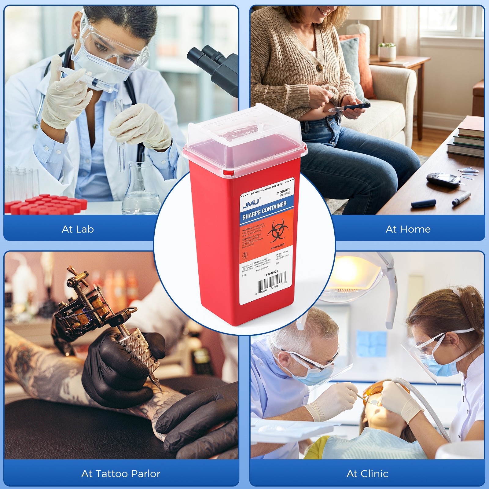 JMU Healthcare Red Base SharpStar Sharps Container 2 Quart Rotor Opening Lid