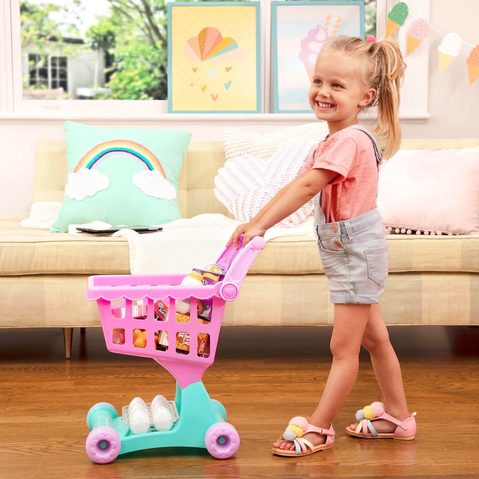 Kids Shopping Cart & Grocery Set – Toy Food Play Kitchen – Pretend Play 3+ Years