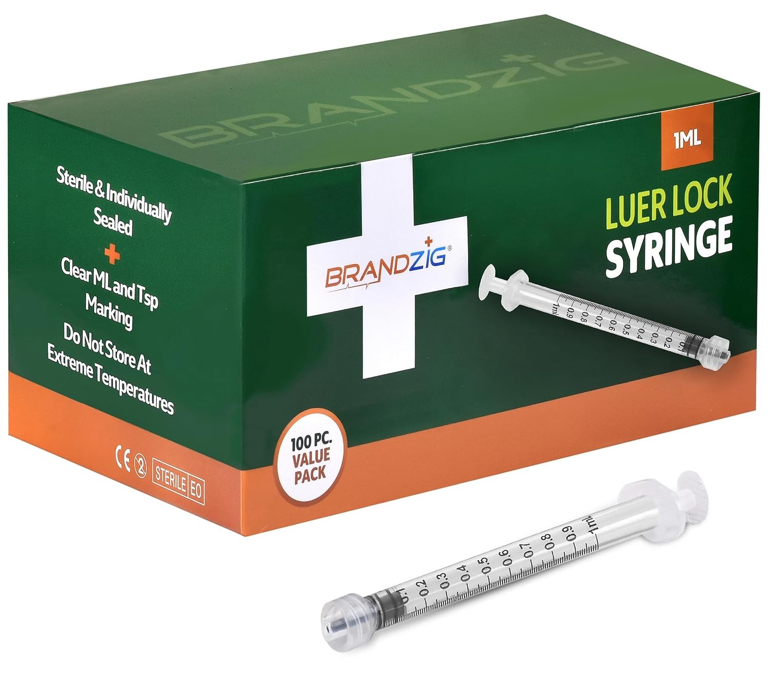 BRANDZIG 1mL Luer Lock Syringe (No Needle) – Sterile, Individually Wrapped – 100