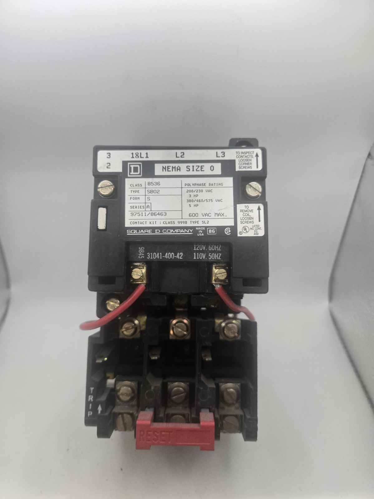 Square D Magnetic Starter 8536SB02S NEMA Thermal Overload 120V 60Hz 110V 50Hz