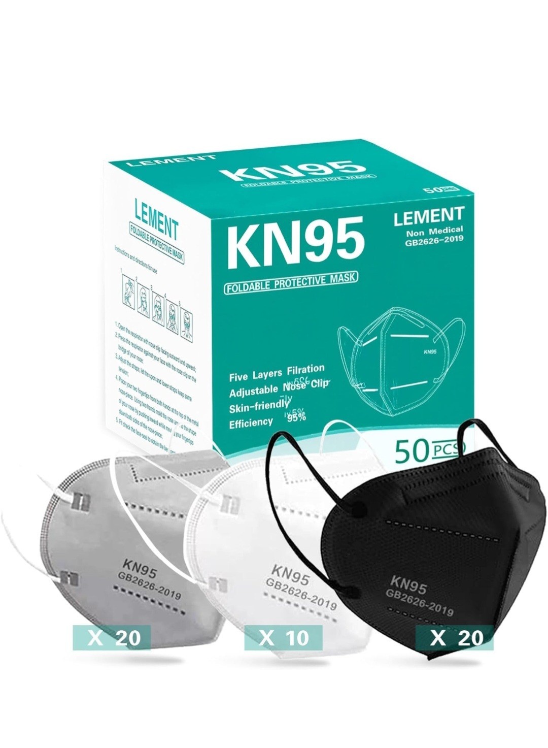 Lement KN95 Disposable Face Masks 5-Layer 50 Pack GB2626-2019 Black White Gray