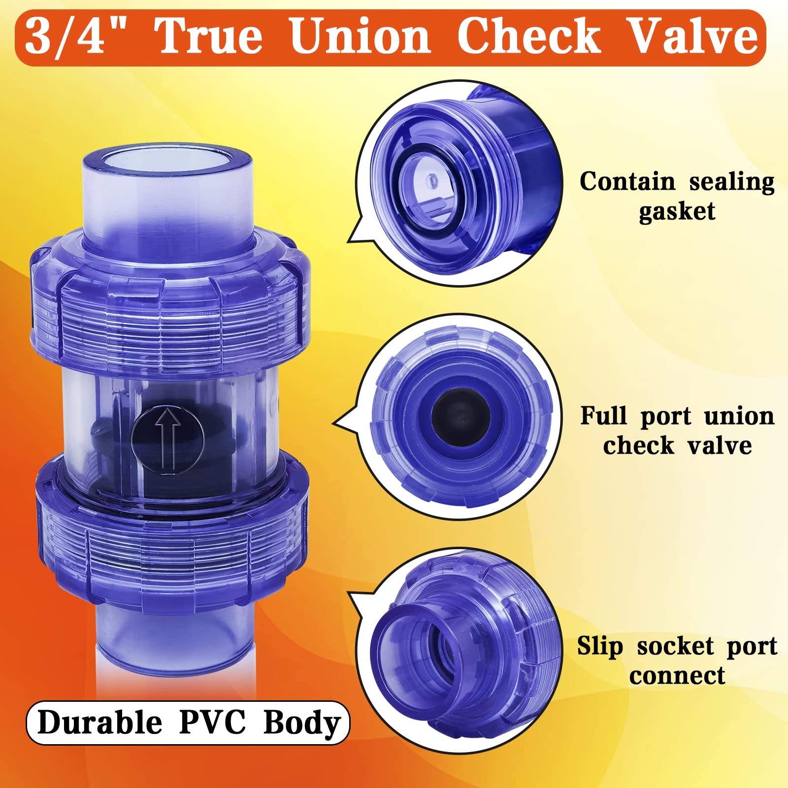 FANOVO 3/4 inch Clear Spring PVC Check Valve, Double Union Slip Inch