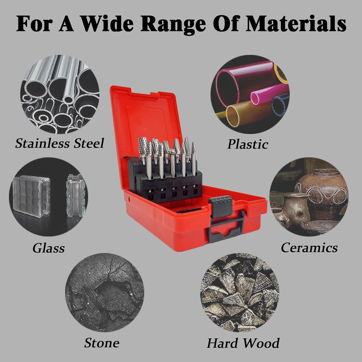 Carbide Rotary Burrs Set with 1/4”Shank 10Pcs Double Cut Solid Tungsten Carbide