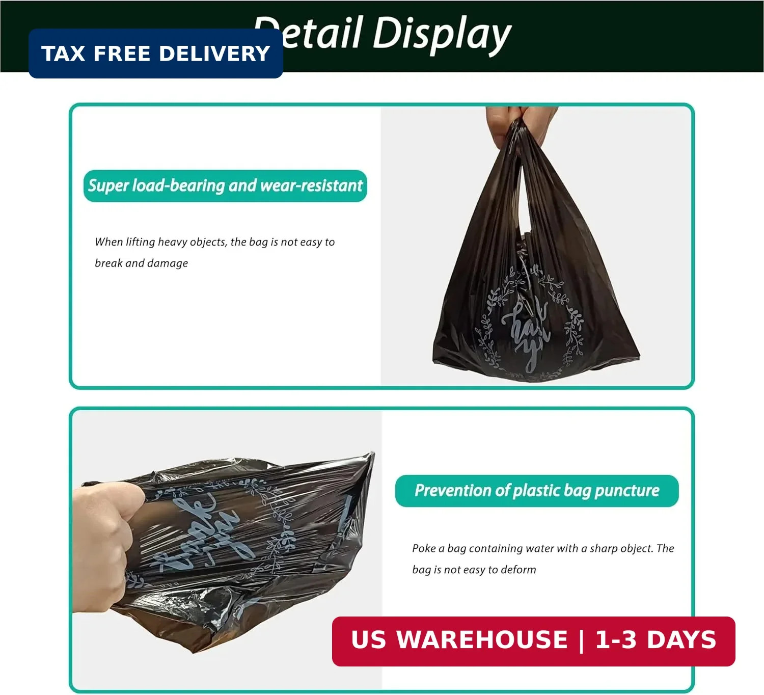 TOSPARTY 100PCS Black Thank You T-Shirt Bags Plastic Bulk Shopping Restaurant Ba