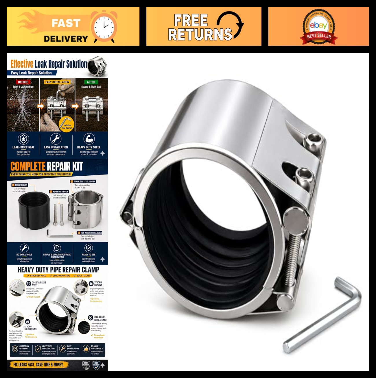 Heavy Duty 3″ Pipe Repair Clamp, Stainless Steel Leak Sealer Kit for Metal & PVC