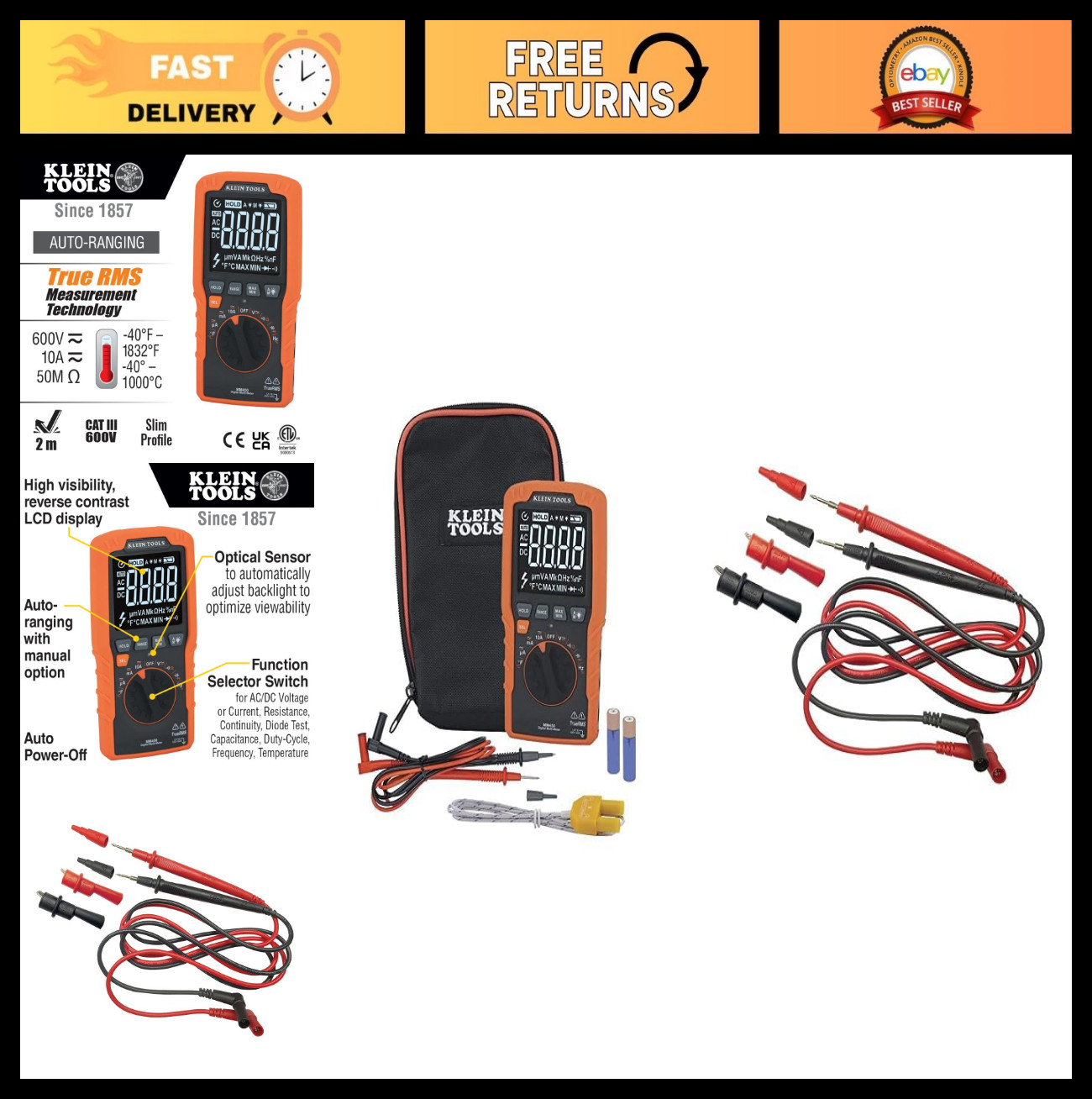 Slim Digital Multimeter Auto-Ranging TRMS 600V AC/DC Voltage Current Resistance