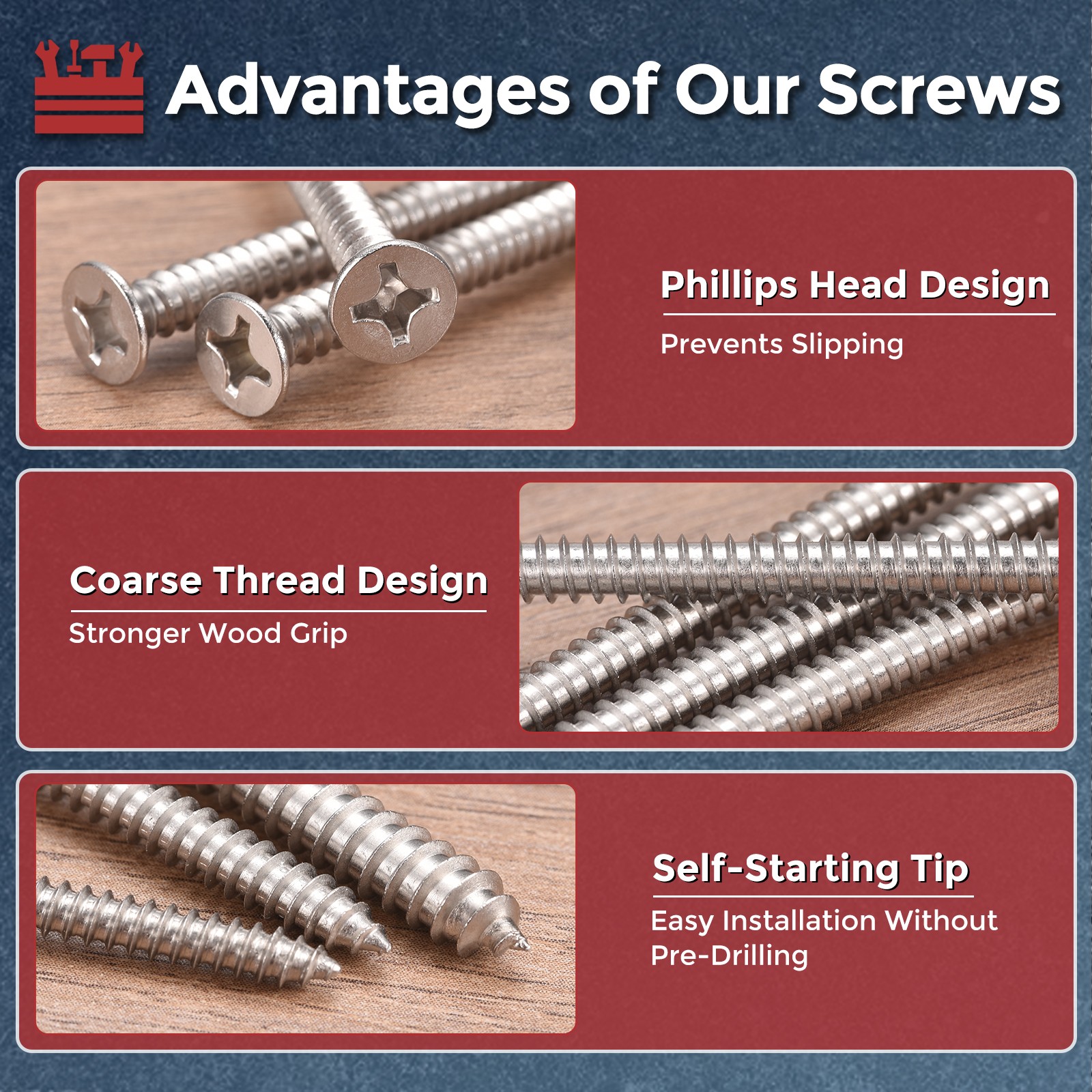 100pcs Phillips Flat Head Wood Screws – [#12×1-1/2″] 304 Stainless Steel, Silver