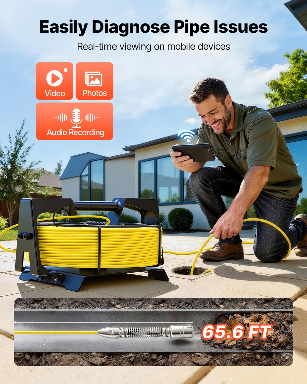 VEVOR Sewer Camera with WiFi 65.6ft/20m IP68 Drain Pipeline Camera 12 LED Lights