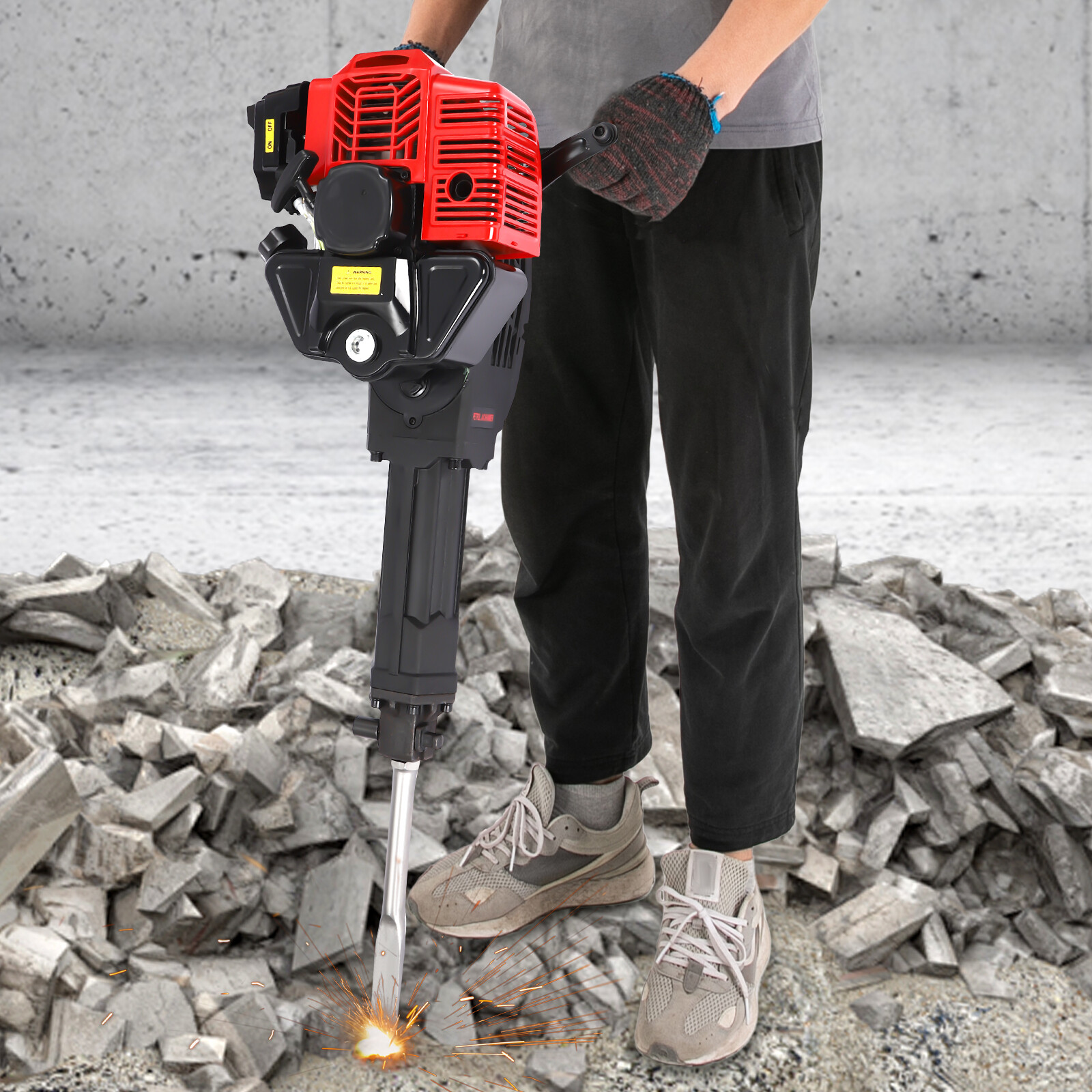 55J Gasoline?Powered Demolition Jack Hammer Concrete Breaker w/ 2 Chisel Bits