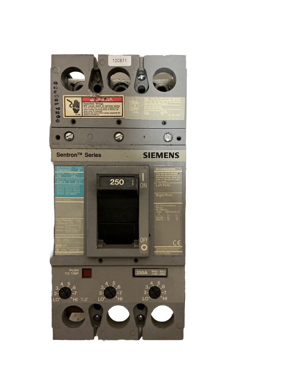 Siemens Sentron Series FXD63B250 Circuit Breaker 250A 3-Pole 600V AC Gray