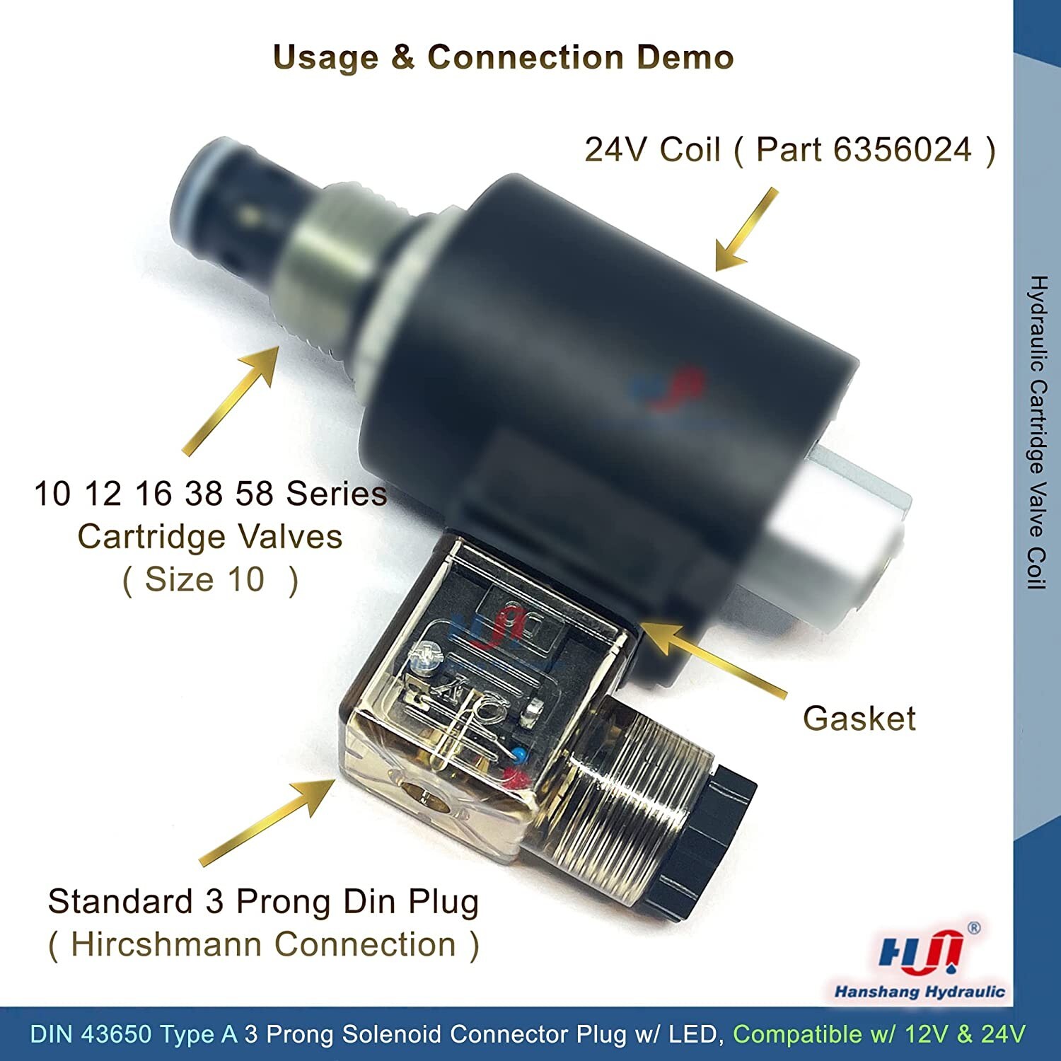 DIN 43650 Type A 3 Prong Solenoid Connector Plug w/ LED Light Compatible 12V 24V