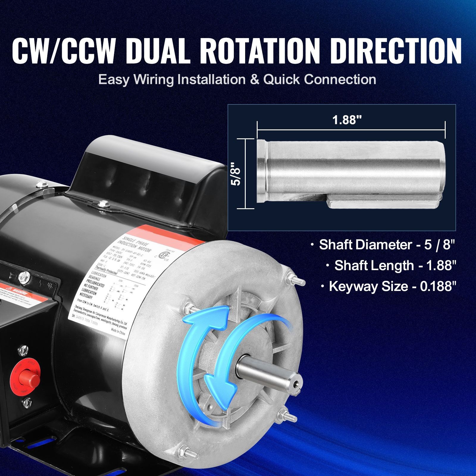 0.75HP Electric Motor 1725 rpm, AC 115V/ 230V, 56 Frame, Air Compressor Motor