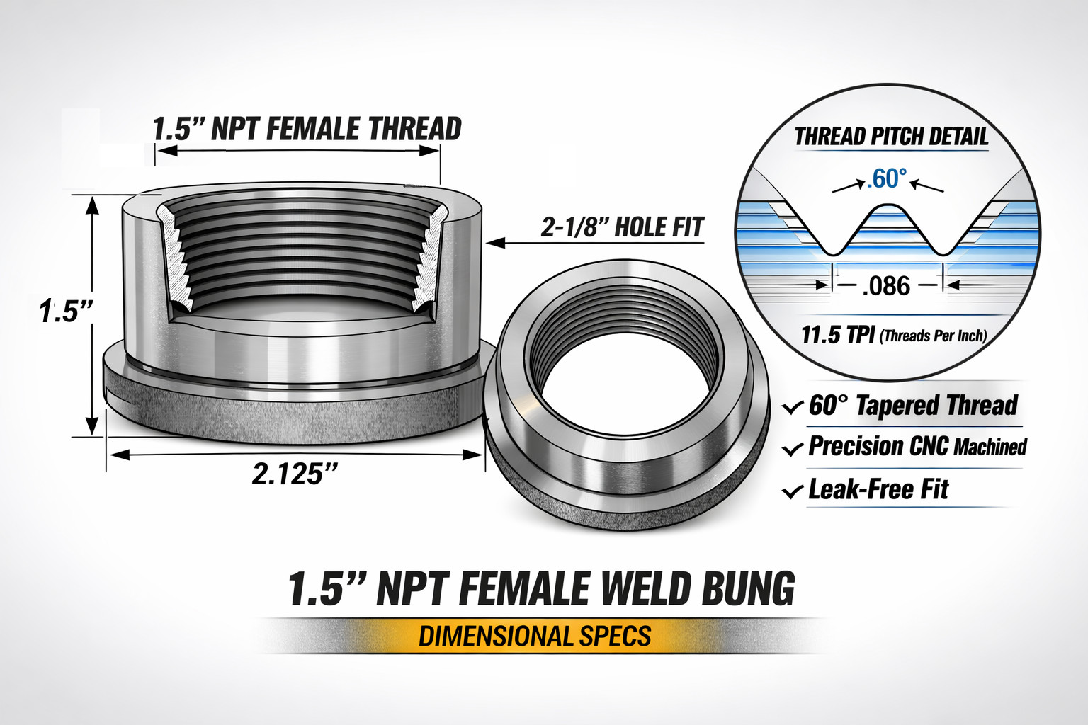 1.5” NPT Steel Stepped Bung, Female Weldable Bung – Steel 1-1/2 inch NPT