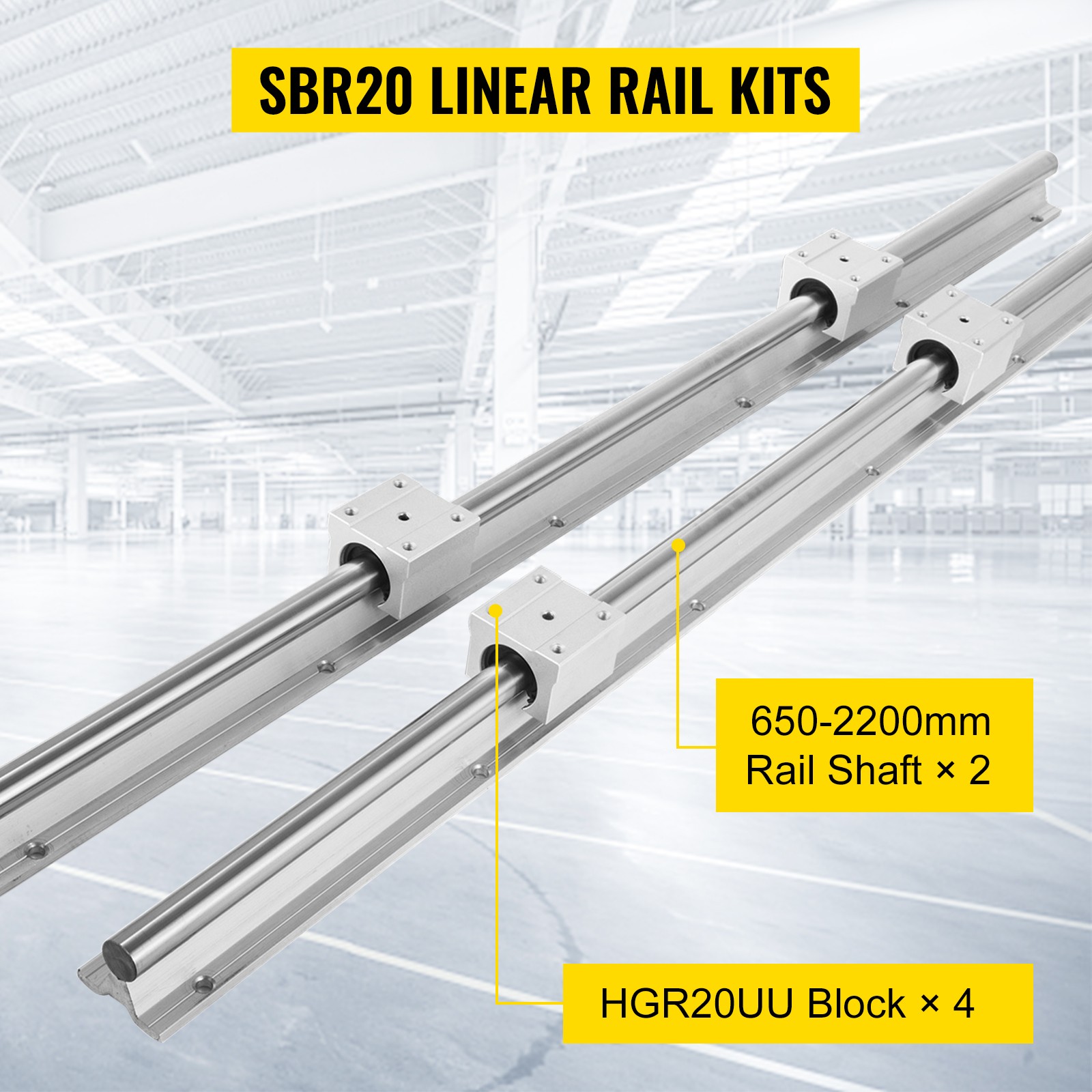 2X SBR20 650-2200mm Linear Rail Fully Supported Shaft Rod with 4X SBR20UU Block