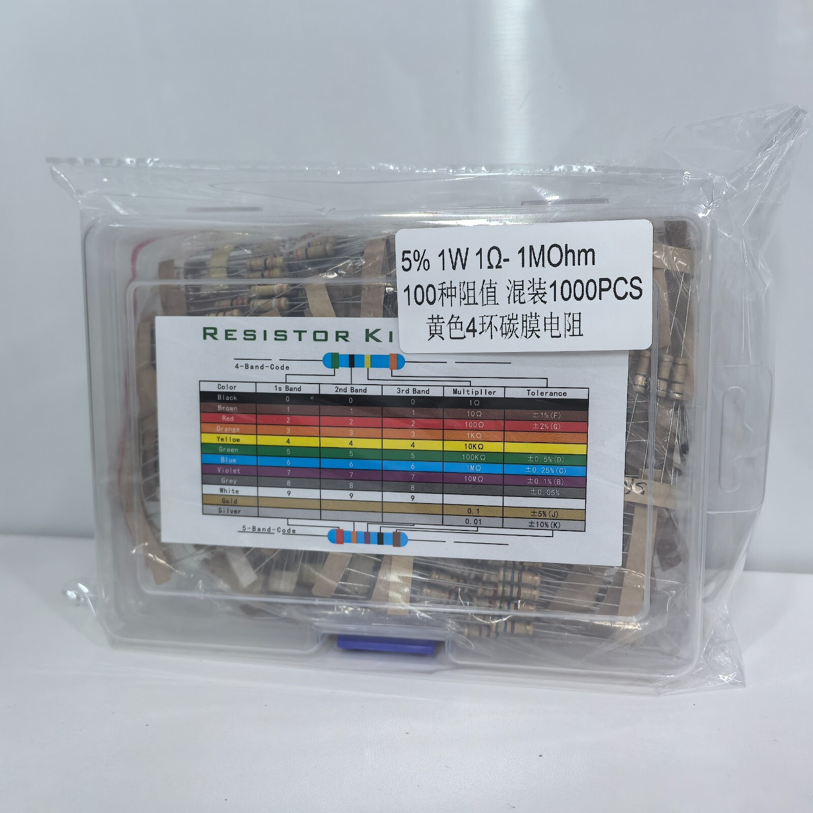 1W Carbon Film Resistors 1000pc Mixed Set(1R-10MΩ 100Values) 5% High Reliability