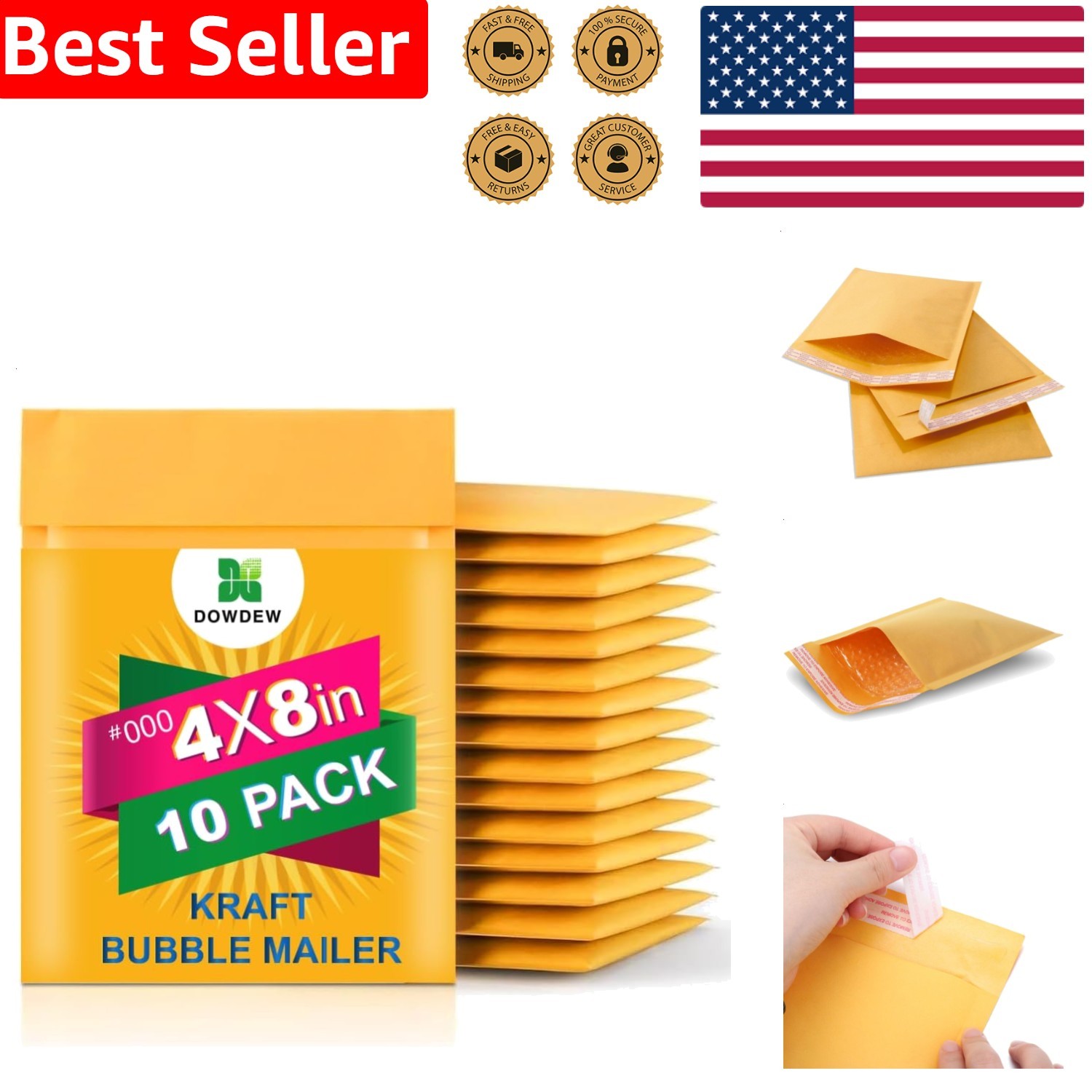 Self-Seal Bubble Mailers 10 Pack Quality Kraft Padded Envelopes 4×8 Lightweight