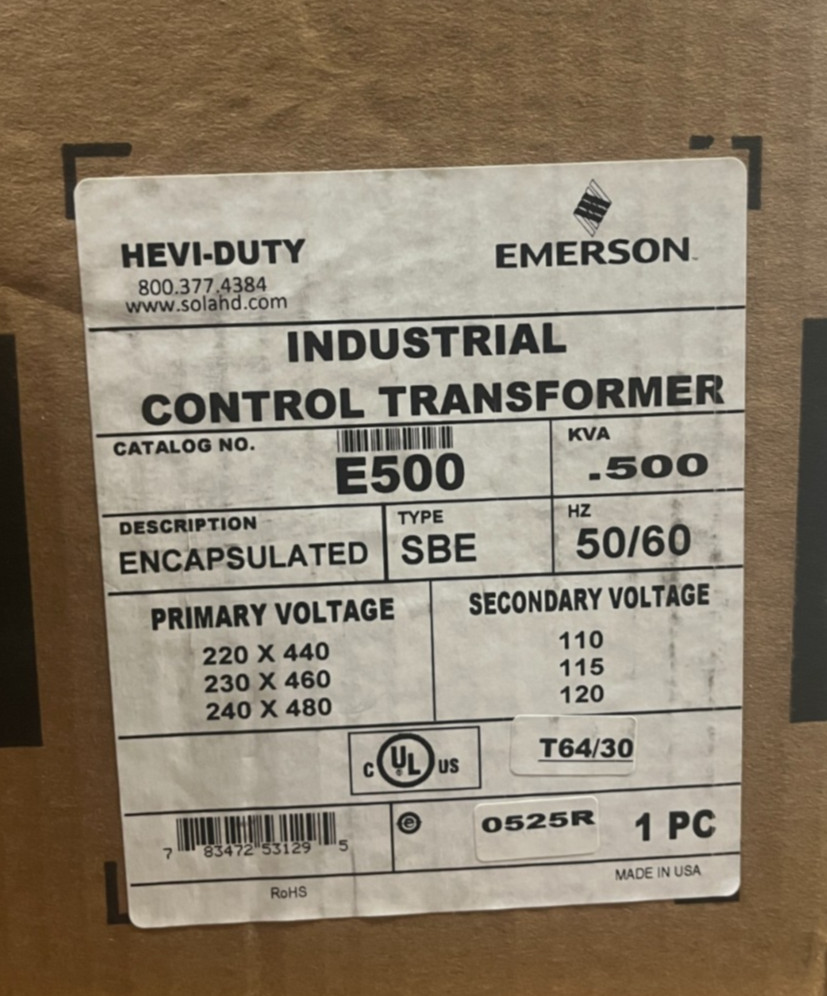 New NIB Emerson SBE E500 50/60HZ Industrial Control Transformer Sola Hevi Duty