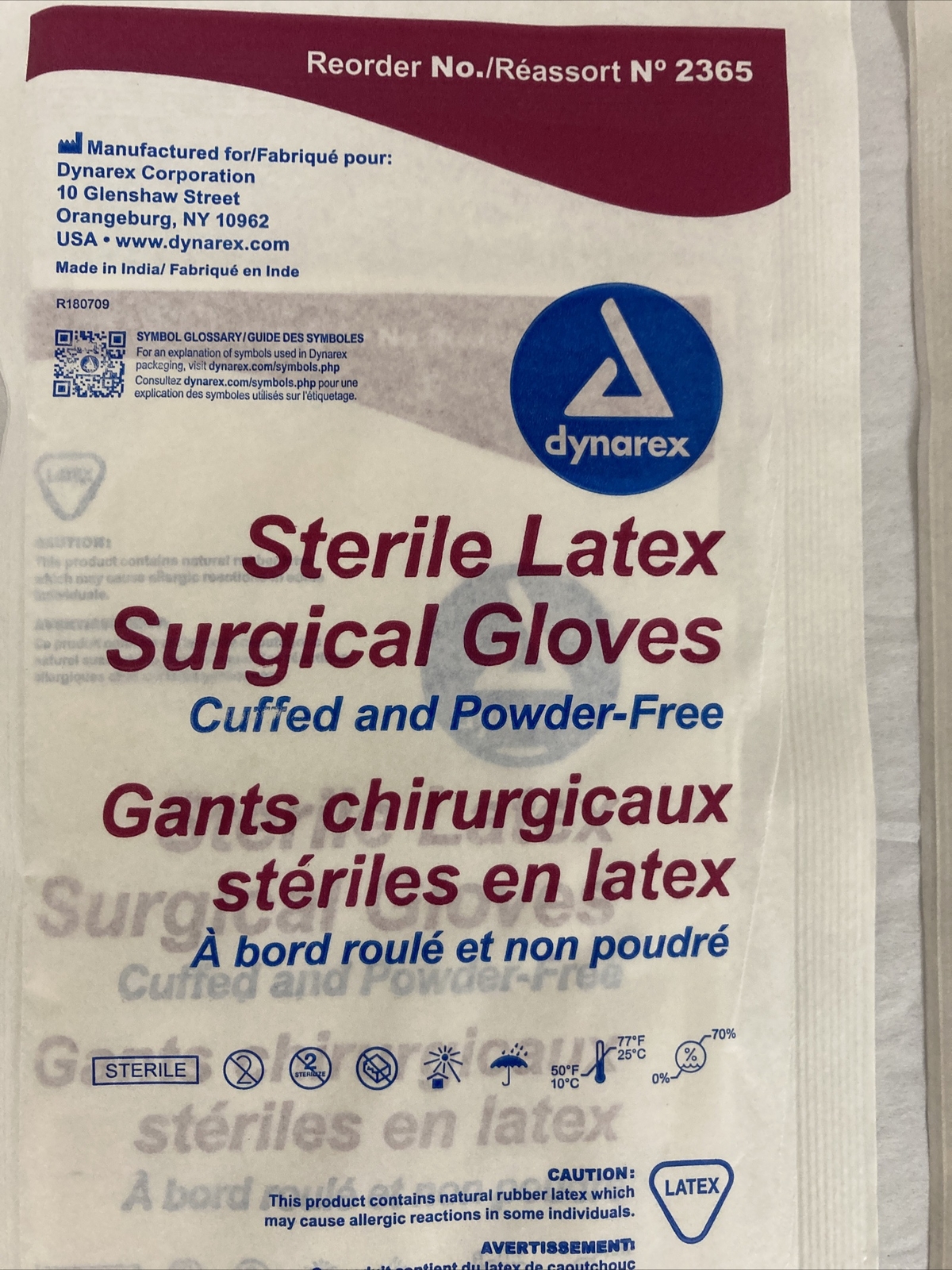 Dynarex #2365 Sterile Latex Surgical Gloves, Size 6.5 – lot of 2 pairs