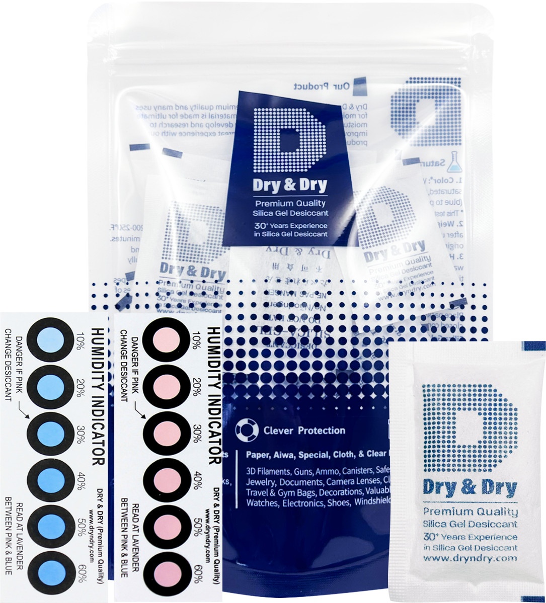10 Gram x 100 PK “Dry & Dry” Silica Gel Packets – 10 Humidity Indicator Cards