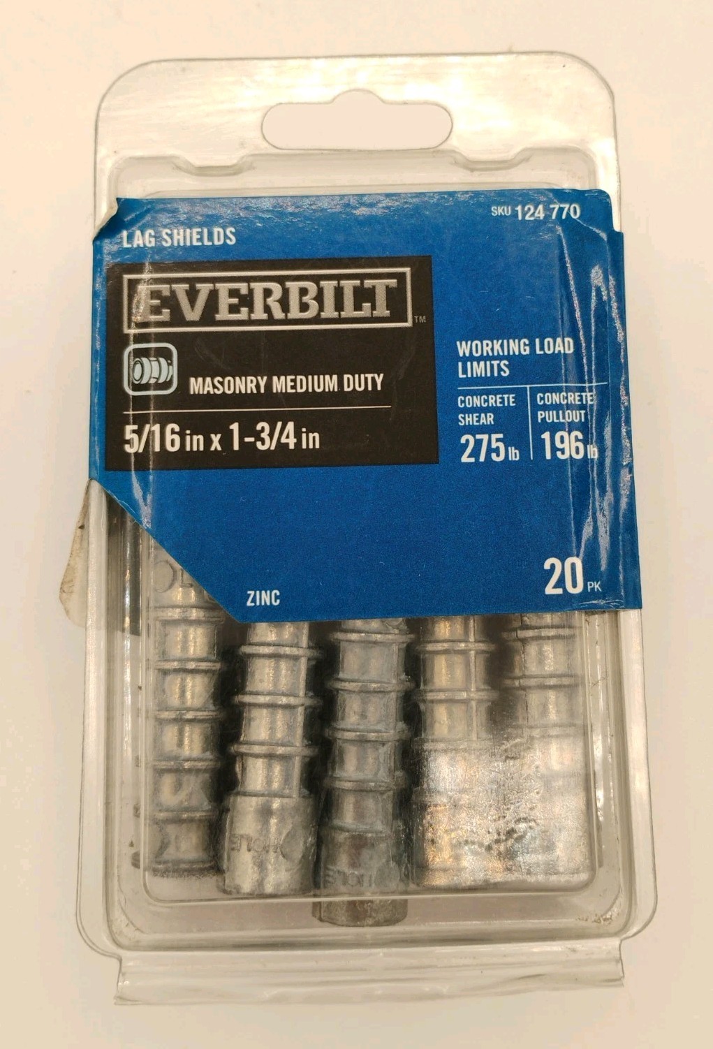 Everbilt Zinc Alloy Masonry Medium Duty 5/16″ X 1-3/4″ Lag Shields 20 PK, New