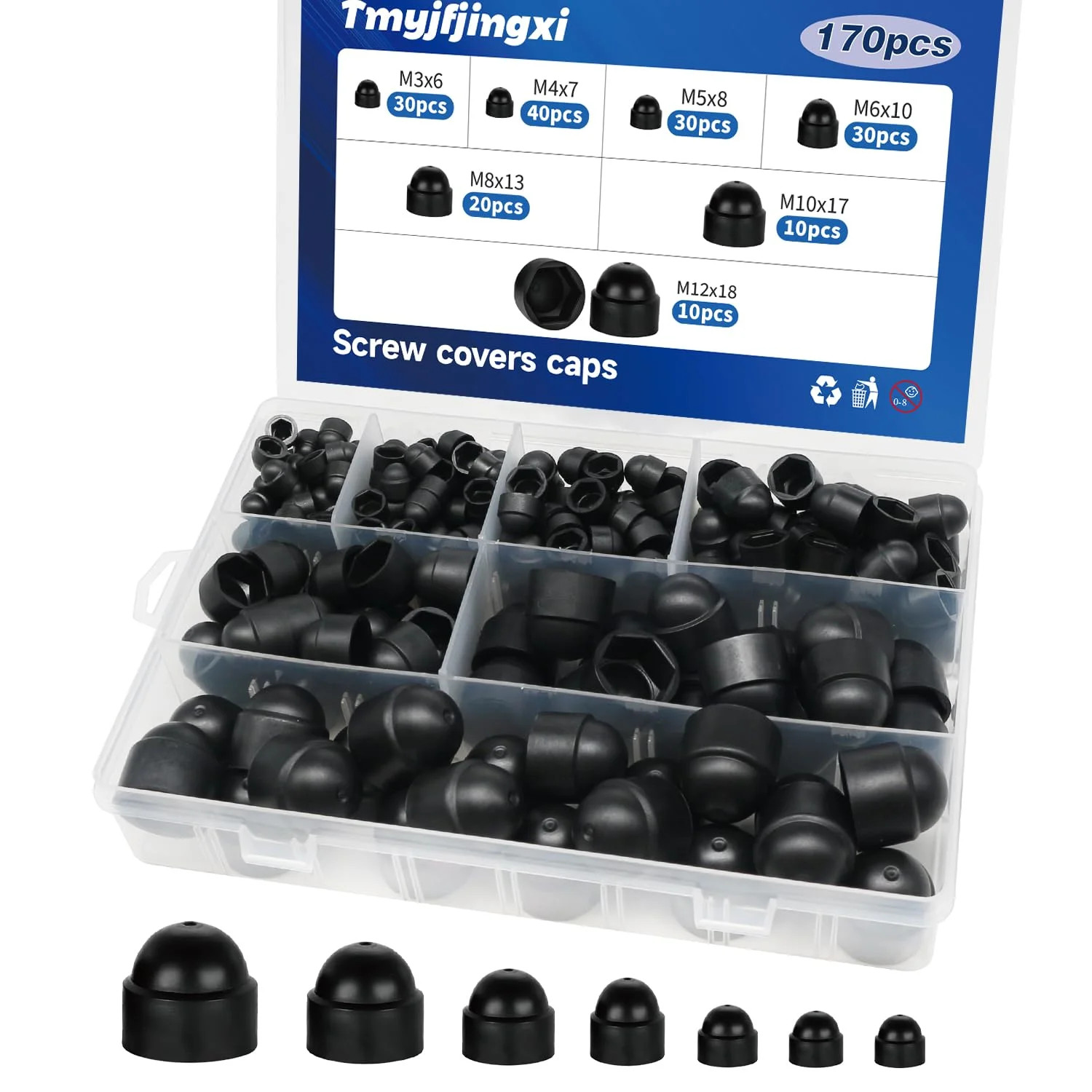 170PCS 7Sizes Plastic Screw Bolt Covers Caps Black Hex Nut Covers Caps M3 M4 M5