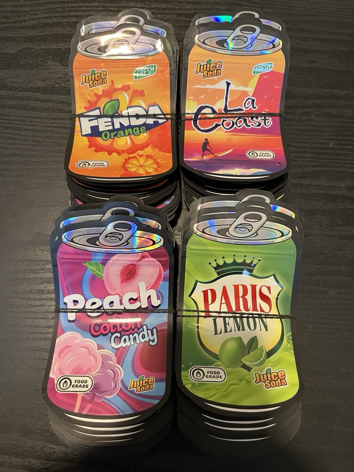 200pc Mixed 3.5g Mylar Bags Die Cut 4 Different Flavor Premade Designs