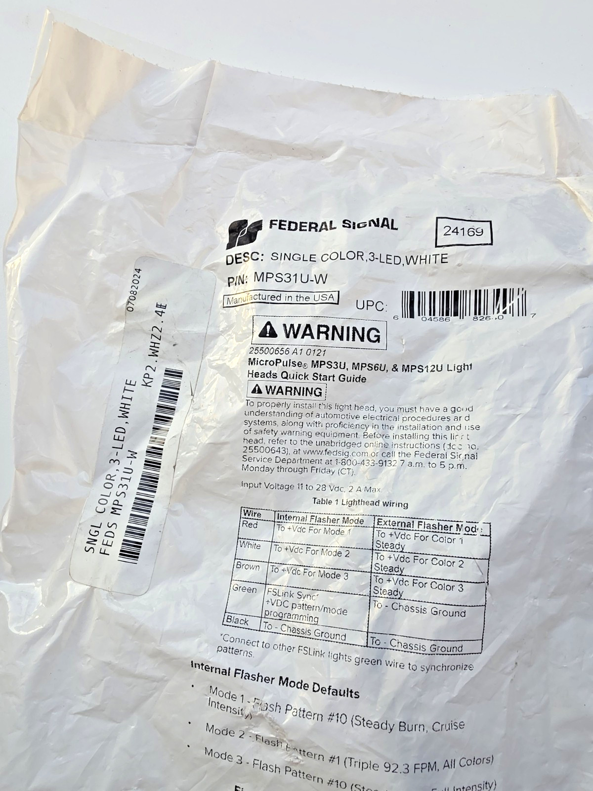 MPS31U-W, Federal Signal Micropulse Surface Mount 3 LED White Light, NEW