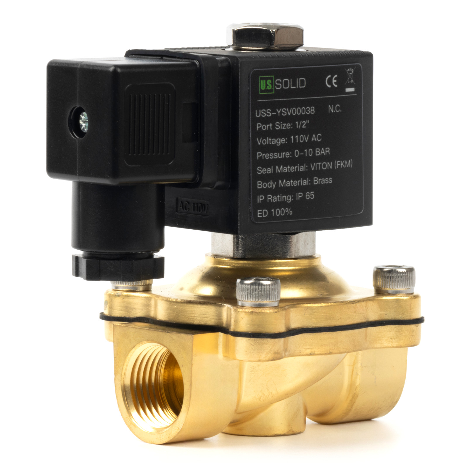 U.S. Solid 1/2 inch Brass Solenoid Valve VITON Seal 110V AC NC 145 psi