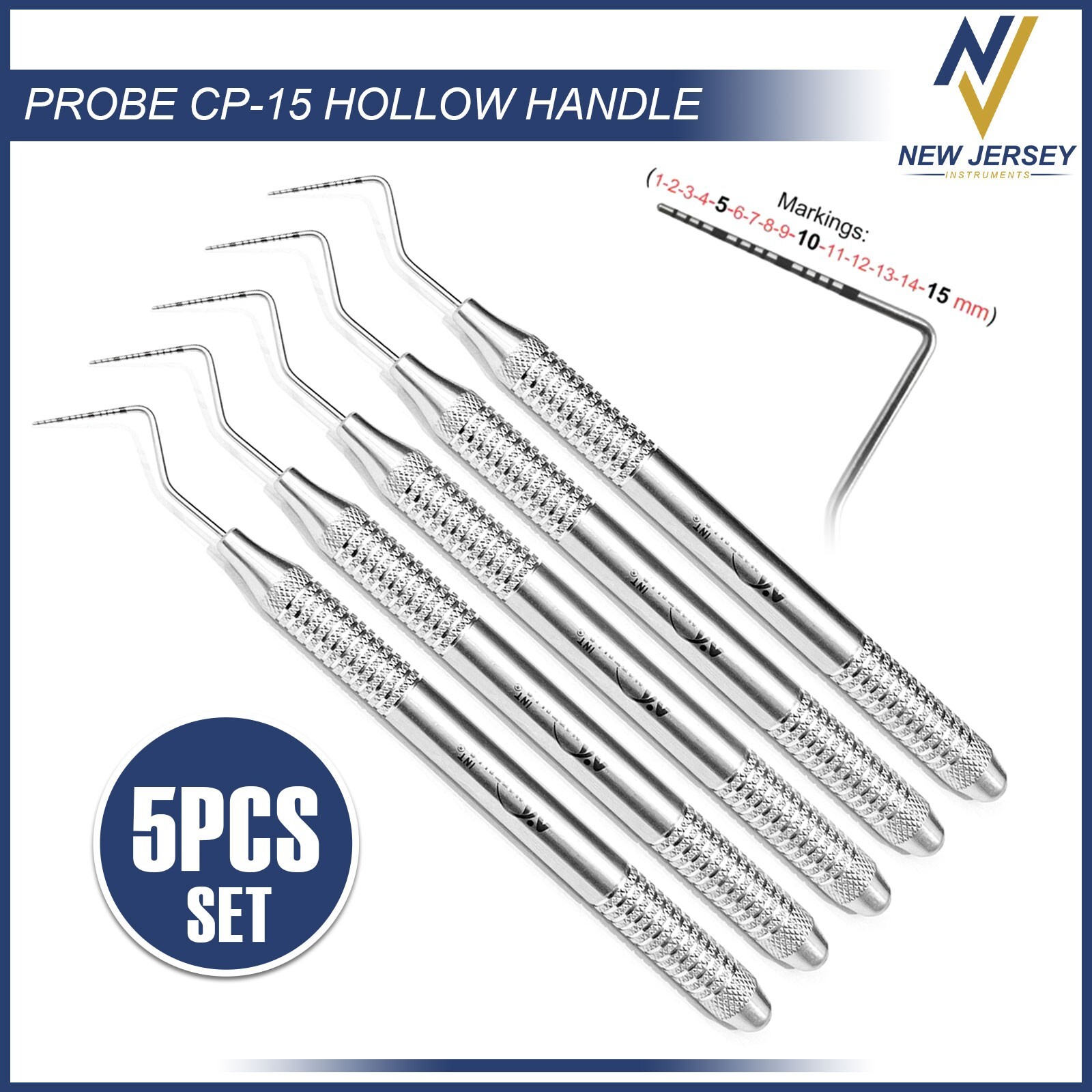 Set of 5 Dental Periodontal Probe CP15 UNC Single Ended Color Coded Marking