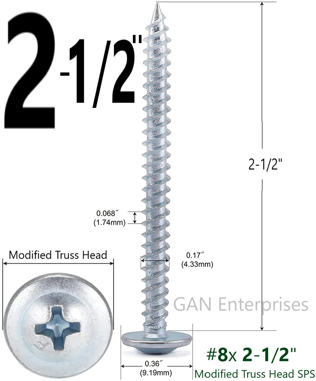 Modified Truss Head Phillips Self piercing sharp point screws #8 x 1/2″- 3″ Zinc
