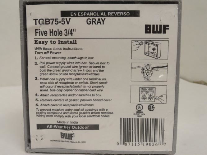 183113 New-No Box; BWF TGB75-5V Conduit Hub; Five Hole 3/4″; Gray