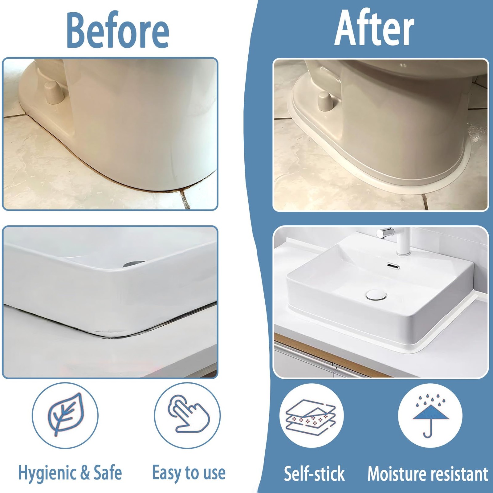 Caulk Tape Self Adhesive, 1 Rolls Waterproof Strip, Toilet Sealer white