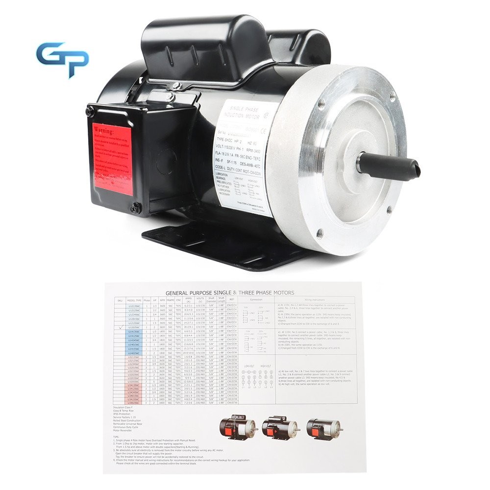 Purpose Single Phase Motor 56C Frame 115V/230V 2 HP Electric Motor 3450 RPM 60HZ