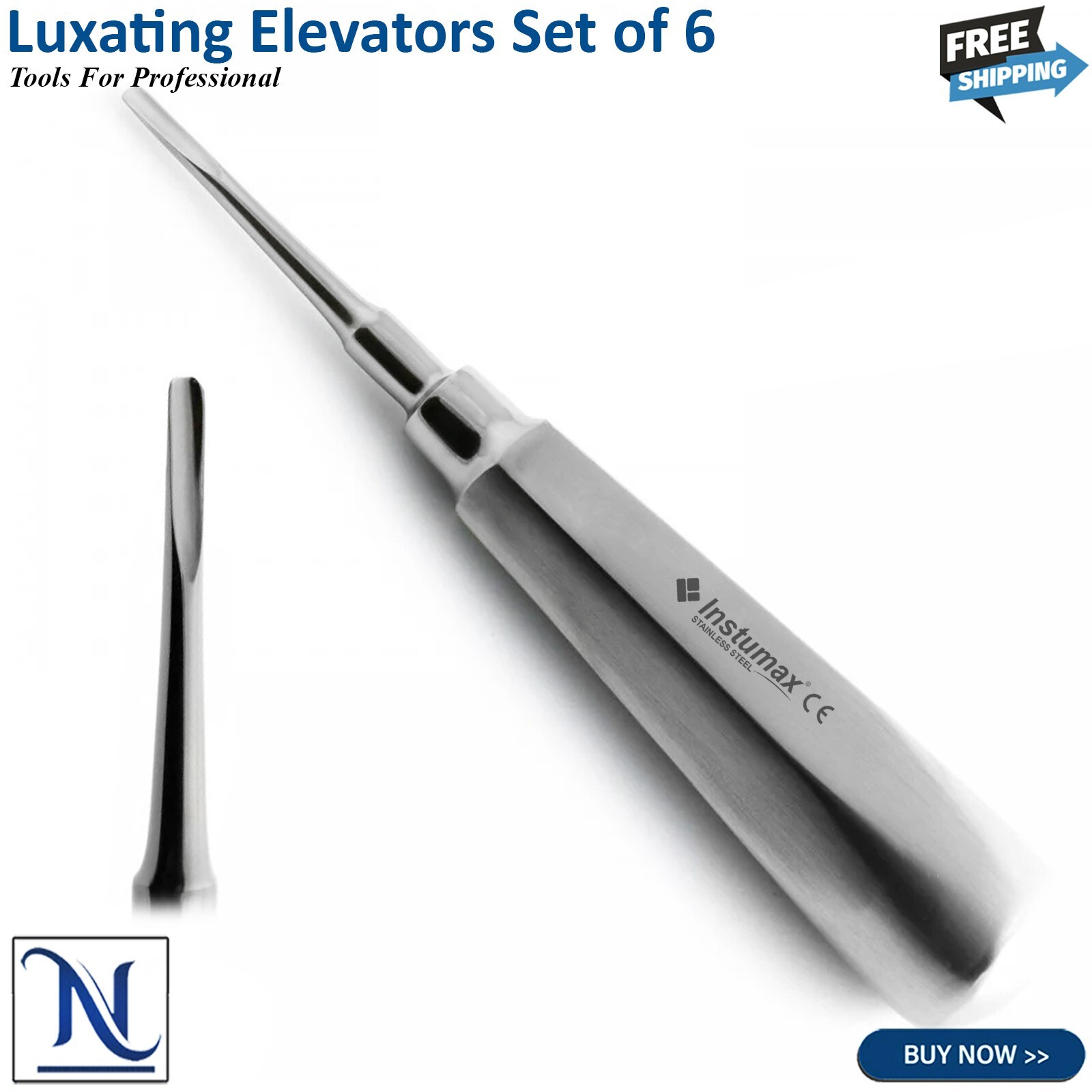 Set Of 6 Dental Luxating Elevators Straight Curved Shank Surgical Extraction Kit