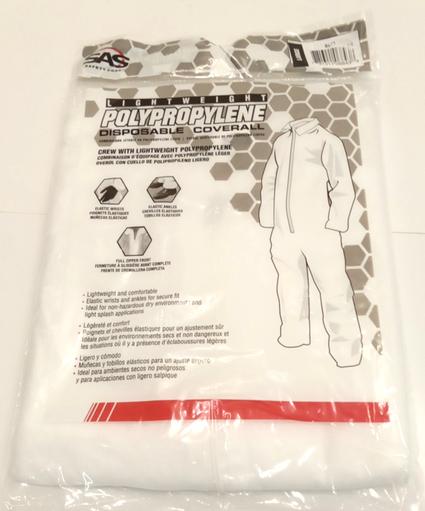 SAS Safety 6843 Lightweight Polyproylene Disposable Coverall Full Zip Large
