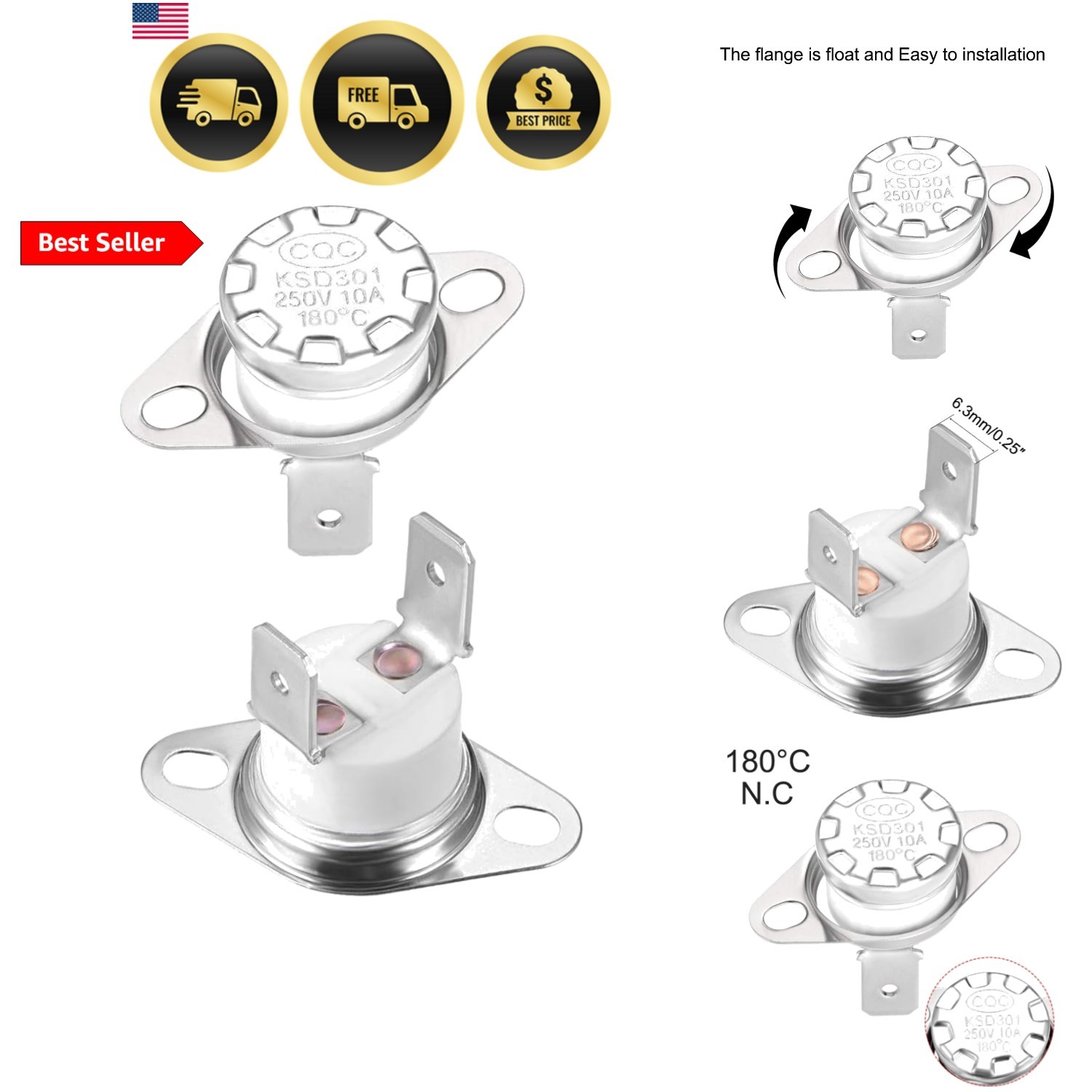 Thermostat 180°C/356°F 10A Normally Closed N.C Adjust Snap Disc Temperature S…