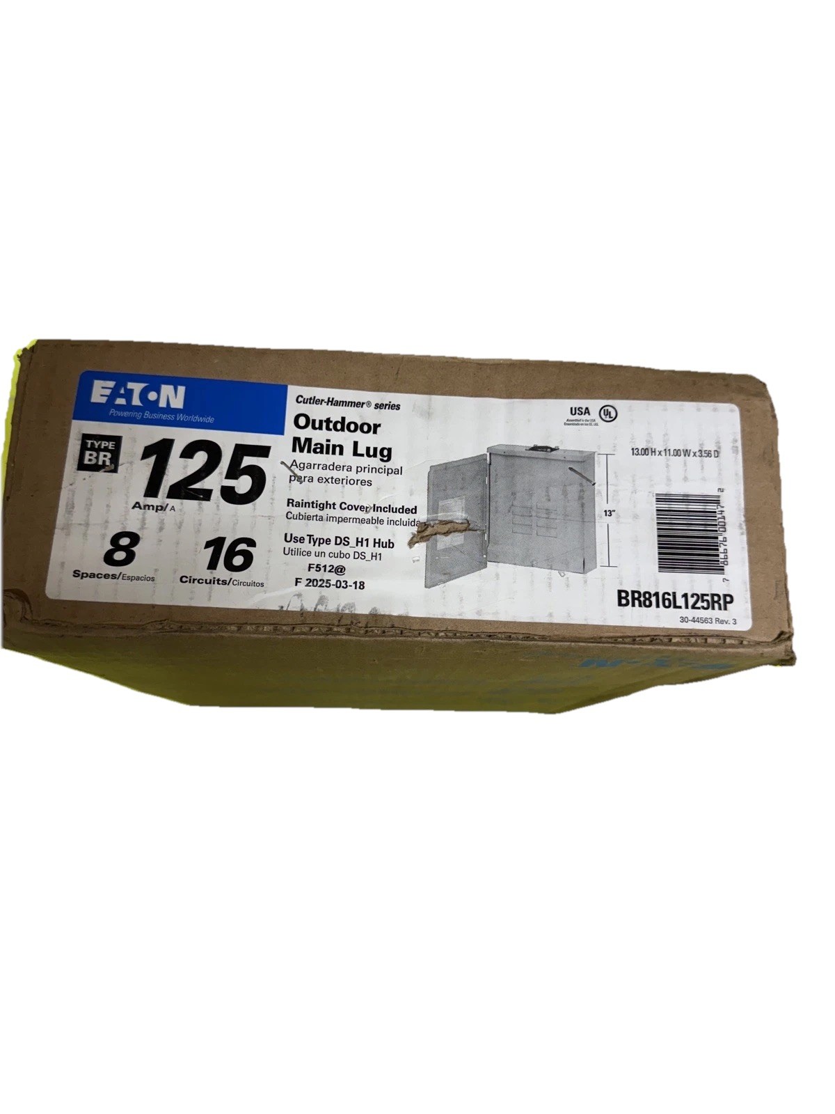 Eaton BR816L125RP Outdoor Main Lug 125A 8-Spaces 16-Circuits